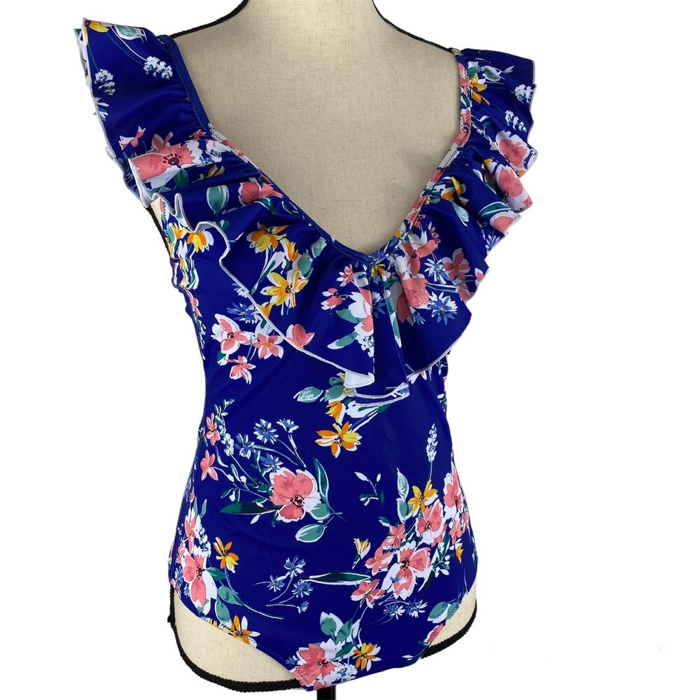 Jessica Simpson Chantilly Ruffle Swimsuit Floral Printed One Piece Blue sz Sm